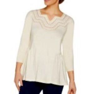 LOGO Lori Goldstein Slub Cotton Embroidered Cream Tunic Top 1X